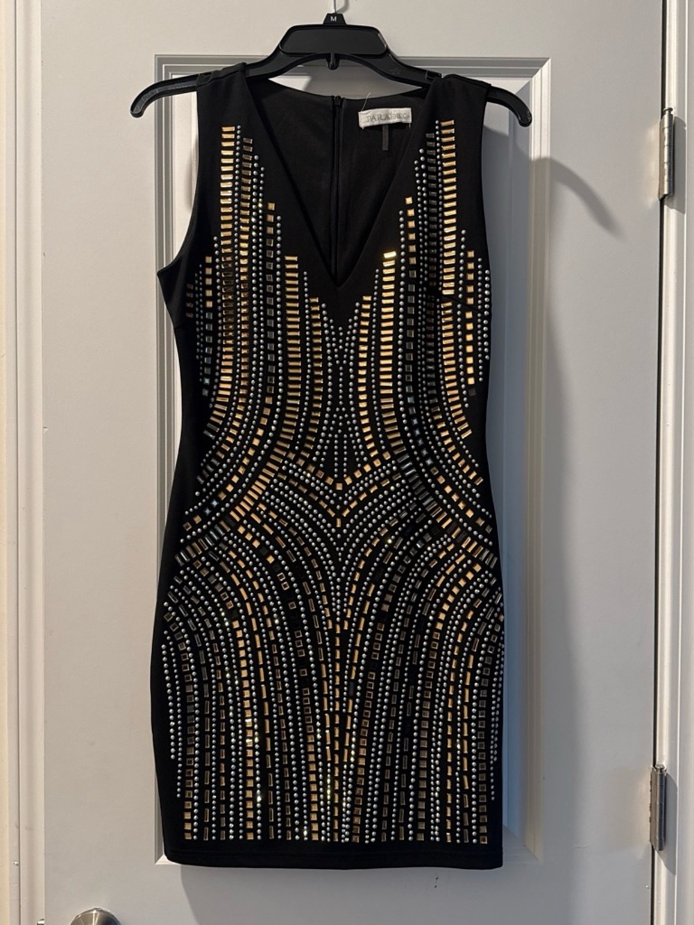 Embellished Black Sheath Dress with Gold Accents